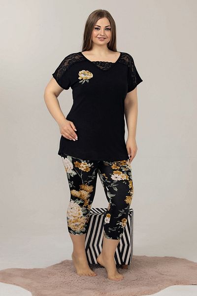 quilling Black Color And Floral Patterned Lady 10588 Women's Large Size Capri Pajama Set
