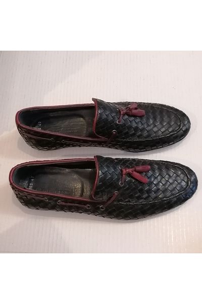 D By Divarese Unisex Genuine Leather Hand Knitted Black Burgundy Piping Pompom Very Soft Thin Rubber Sole Loafer