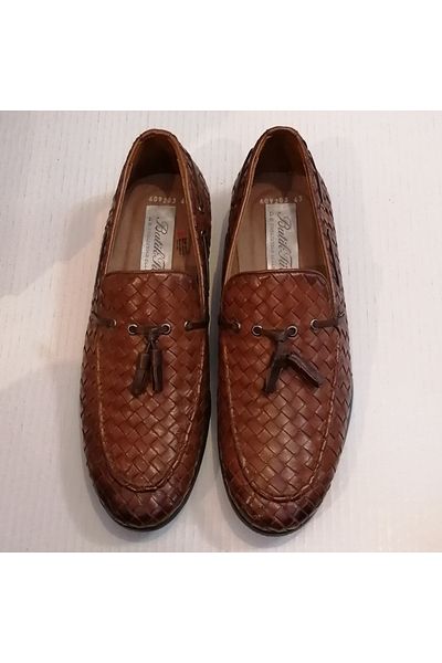 Butik Tülin Unisex Genuine Leather Burning Hand Knitted Tan Brown Bias Pompom Thin Rubber Sole Loafer