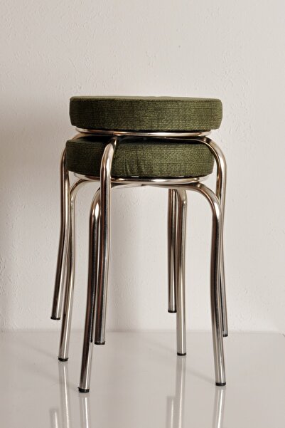 AKK TİCARET 2 Adet Yeşil Desenli Renkli Kumaş Nikelajlı Demir Tabure Mutfak Taburesi (DEMONTE)