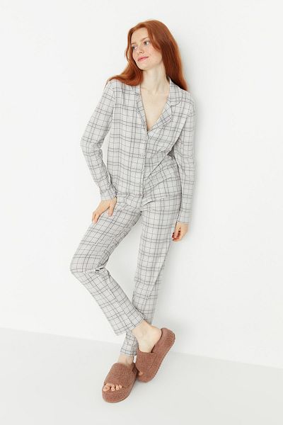 Trendyol Collection Καρό γκρι πλεκτό σετ πιτζάμες - 100% βαμβάκι THMAW20PT0266