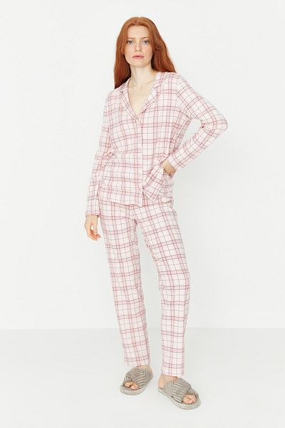 Trendyol Collection Rózsaszín 100% pamut kockás kötött pizsama szett THMAW20PT0266