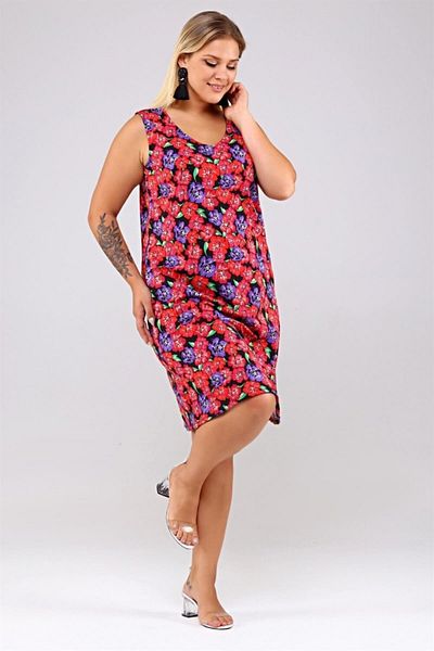 Seamoda V-Neck Flower Pattern Detailed Sleeveless Plus Size Women's Lycra Comfortable Dress-red