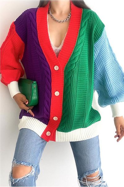 FEMELLE Cardigan tricotat supradimensionat, multicolor, sezon nou, pentru femei