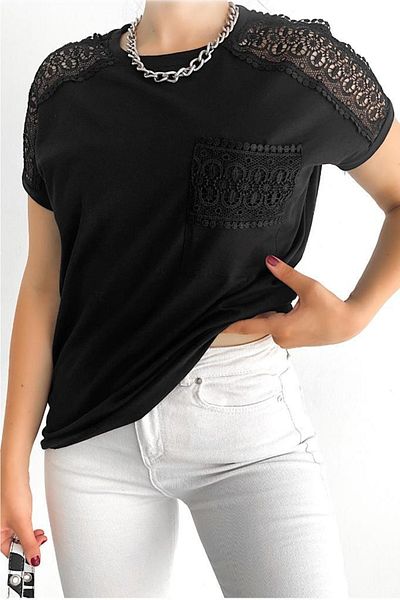 FEMELLE Tricou de damă cu gât turnat din dantelă cu design nou sezon