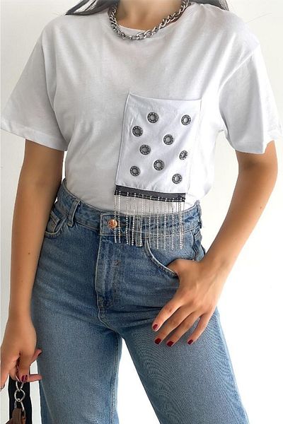 FEMELLE Tricou alb din bumbac, cu ciucuri, cu gât crew, brodat cu pietre