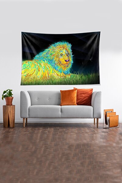 linazaitun Lion Patterned Multicolored Velvet Tapestry - Stain Resistant Wall...