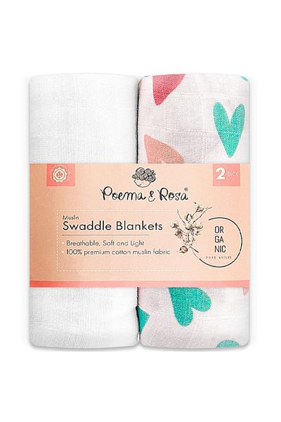 Poema&Rosa Poema & Rosa 2-Piece Muslin Blanket - 100% Cotton, Organic, 110cm x 80cm, Super Soft (HEART)
