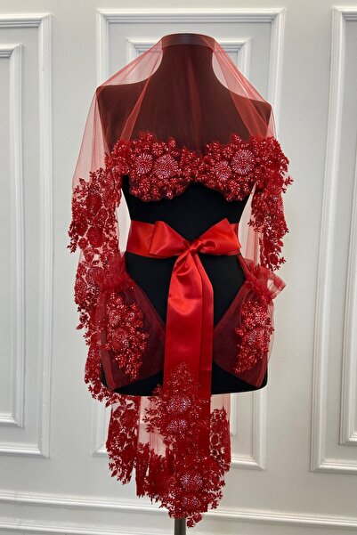 ZEYMERADE Kırmızı Vip Gelin Duvak Seti, Kına Duvağı Örtüsü Seti