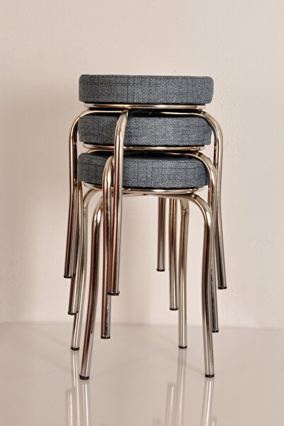 AKK TİCARET 3 Adet Mavi Desenli Renkli Kumaş Nikelajlı Demir Tabure Mutfak Taburesi