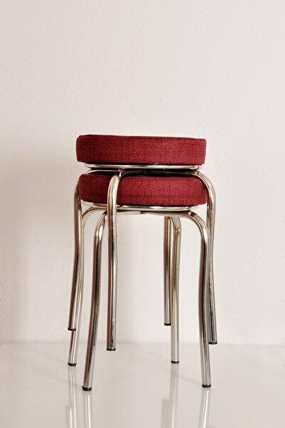 AKK TİCARET 2 Adet Kırmızı Renkli Kumaş Nikelajlı Demir Tabure Mutfak Taburesi (DEMONTE)