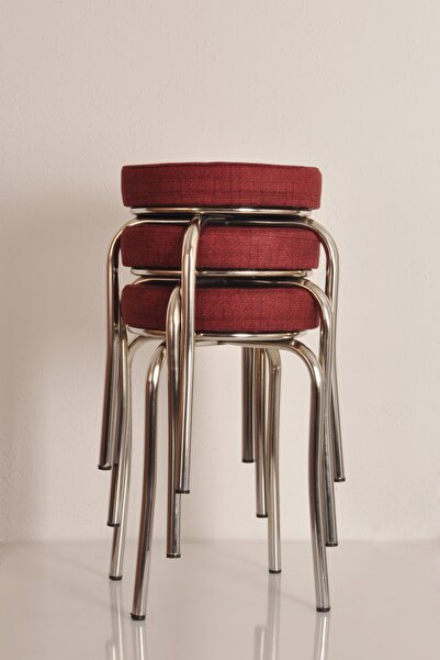 AKK TİCARET 3 Adet Kırmızı Desenli Renkli Kumaş Nikelajlı Demir Tabure Mutfak...