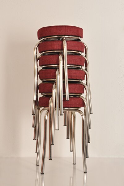 AKK TİCARET 6 Adet Kırmızı Desenli Renkli Kumaş Nikelajlı Demir Tabure Mutfak Taburesi