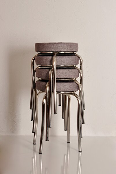 AKK TİCARET 4 Adet Gri Renkli Kumaş Nikelajlı Demir Tabure Mutfak Taburesi