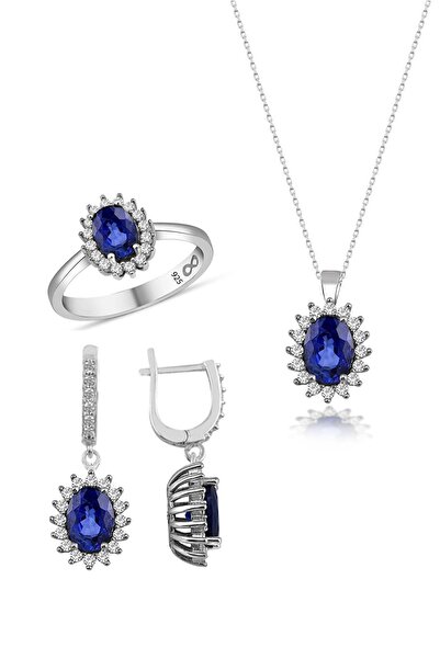 MODERN TAKI 925 Ayar Gümüş Trapez Seti Safir Renk