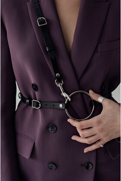 Sweet Demon Black Leather Corset Belt - Shoulder Detailed, Strap, Large Ring