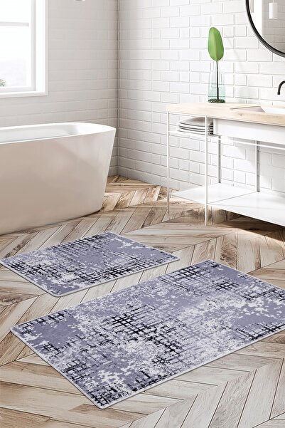 Dijidekor Digital Gray Black Double Bath Mat Toilet Set 8881