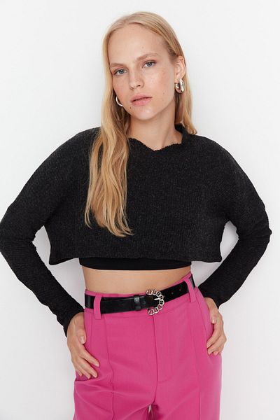 Trendyol Collection Μαύρη Super Crop μακρυμάνικη πλεκτή εμφάνιση Πλεκτή μπλούζα TWOAW21BZ1213