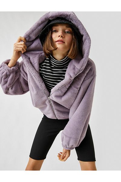 Koton Women's Hooded Zippered Purple Plush Coat 2Kal58048Iw