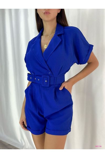 rengamoda Women's Blue Woven Crepe Fabric Belted Shorts Jumpsuit