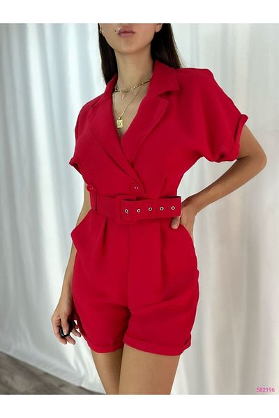 rengamoda Women's Red Woven Crepe Fabric Belted Shorts Jumpsuit