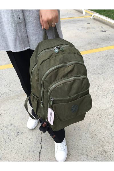 DUOMİNO Fcstore Crinkle Fabric Water Resistant Large Size Khaki Green Backpack Laptop Travel School Bag