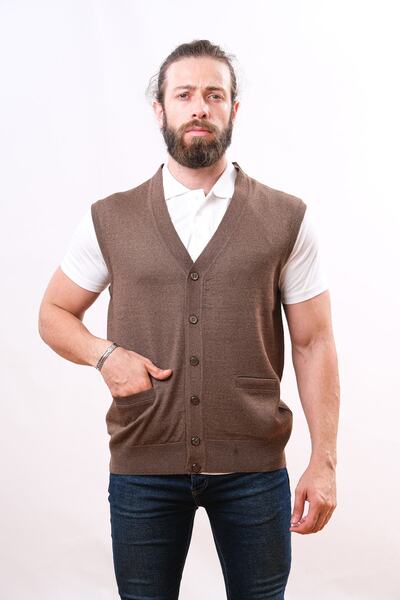 Çukurova Woolen Men's Knitwear Vest - Brown