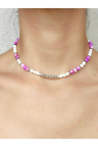 elinasaccessories Pembe Beyaz Kolye Doğal Sedef Taşı Kolye Cooker Kolye Soft Tasma Kolye Minimal Renkli Kolye