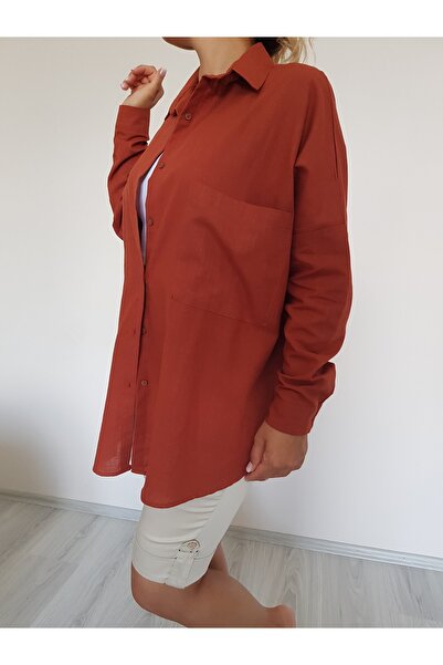 Kadın Oversize Keten Gömlek Kahverengi