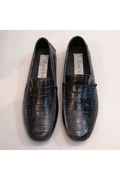 Butik Tülin Unisex Genuine Leather Crocodile Print Dark Navy Blue Banded Hand Stitched Flexible Snap Rubber Sole Loafer