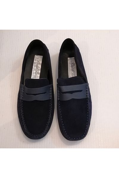 Butik Tülin Genuine Leather Suede Navy Blue Banded Hand Stitched Very Soft Flexible Fitted Rubber Sole Loafer