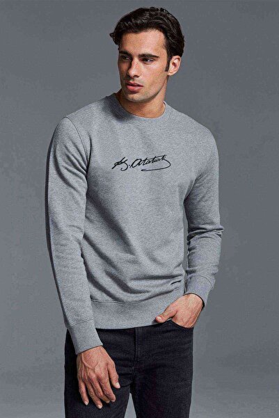 QIVI Mustafa Kemal Atatürk Signature Printed Gray Melange Men's Knitted Sweat...