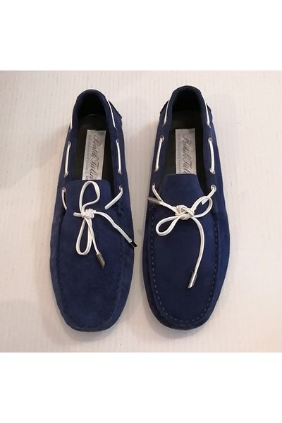 Butik Tülin Unisex Genuine Leather Suede Navy Blue Lacing Hand Stitched Very Soft Flexible Fitting Rubber Sole Loafer