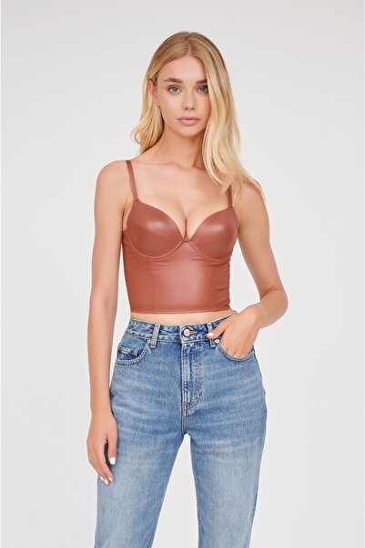 Kutanum Robinetta Taba Renkli Askılı Crop Top Saten Büstiyer