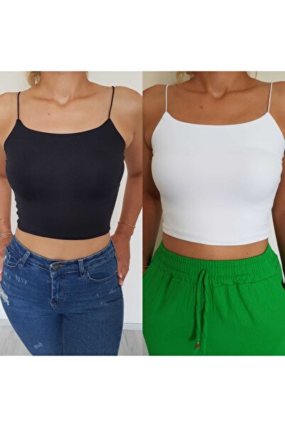 Kadın Lastik Askılı Dar Kalıp Crop Büstiyer Ön Çift Arka Tek Kat Kumaş 2 Li Paket