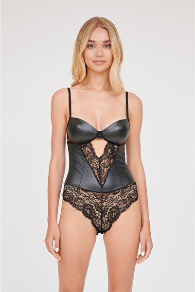 Kutanum Nadine Siyah Renk Deri Görünümlü Dantel Bodysuit