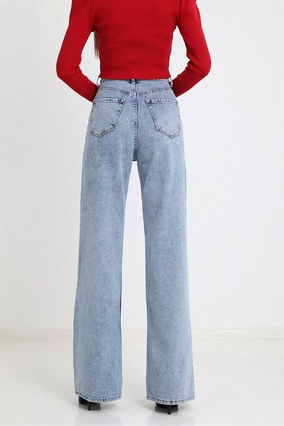 LİMABEL Golden Summer Blue Snow Wash Palazzo Wideleg Jean Power Lycra Femei Talie înaltă