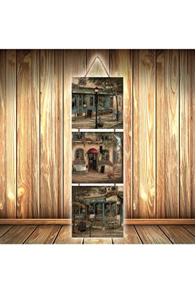 hazalshop Τριπλή ρετρό ξύλινη αφίσα με σχέδιο Mini Cafe U451