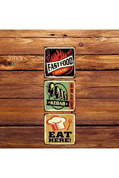 hazalshop Τριπλή ρετρό ξύλινη αφίσα Fast Food Ü150