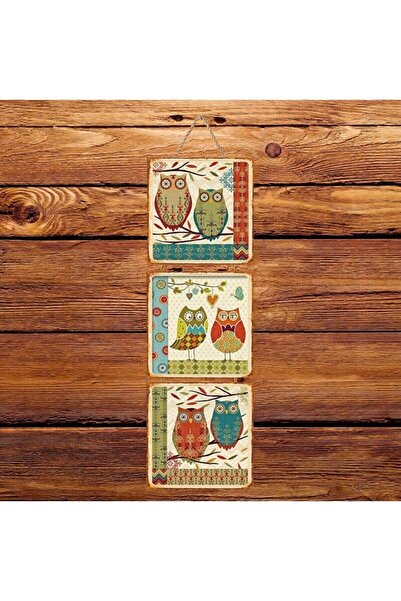 hazalshop Τριπλή ρετρό ξύλινη αφίσα με σχέδιο κουκουβάγιας