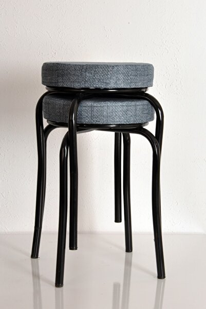 AKK TİCARET 2 Adet Desenli Mavi Renk Kumaş Siyah Profil Demir Tabure Mutfak T...