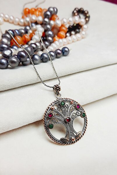 Altınışık Gümüşçülük 925 Ayar Gümüş Oksitli Telkari Hayat Ağacı Modeli Zümrüt...