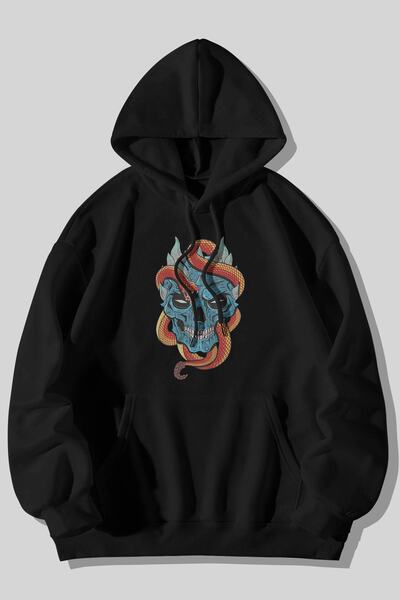 Harmandar Snake Skull Printed Unisex Black Kangaroo Hooded Hanorac cu buzunare
