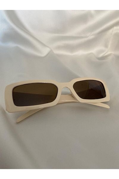 Mathilda Aksesuar Vintage Model Diamond Pattern Detailed Cream Unisex Sunglasses