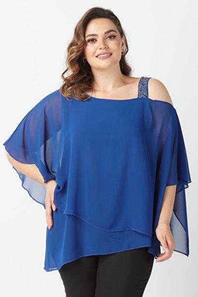Moda Alba Saks Tek Omuz Taşlı Şık Şifon Kadın Büyük Beden Bluz