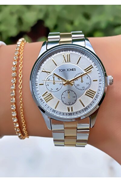 Tom Jones ساعة يد نسائية ماركة باللون الأصفر والفضي مع ضمان لمدة عامين - +سوار