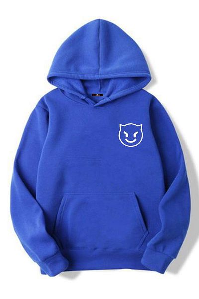 Buğraterzimoda Unisex Μπλε φούτερ με κουκούλα Φούτερ με κουκούλα με Devil Emoji