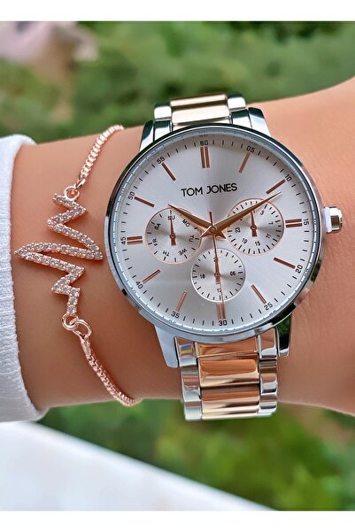 Tom Jones ساعة يد نسائية بلون فضي وردي