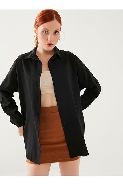 MEECY Schwarzes, übergroßes, langes Basic-Shirt für Damen