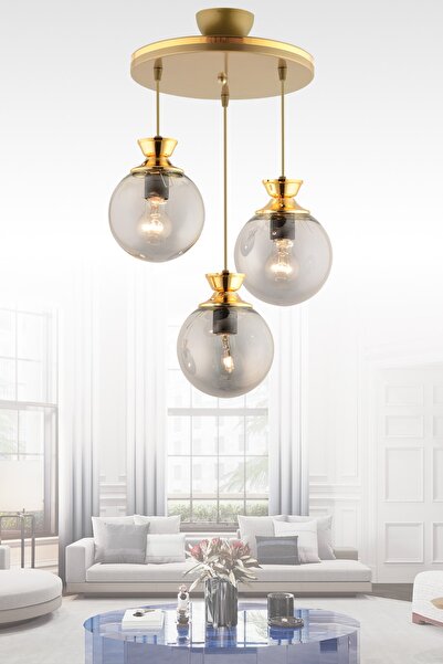 GYK LİGHT Dilara 3 Lü Tepsi Eskitmeye Gold Yaldızlı Modern Yuvarlak Camlı Ayd...